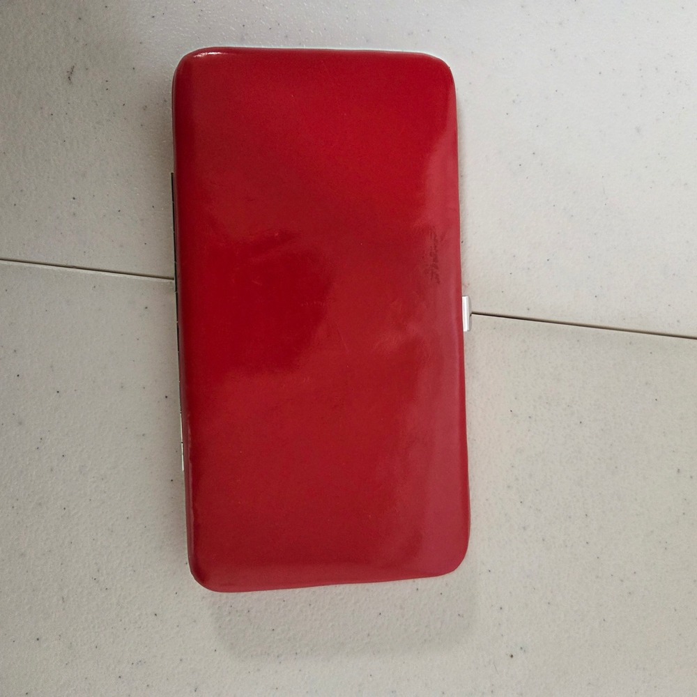 Red Patent Hardshell Clutch Wallet Glossy Silver Tone Clasp Organizer